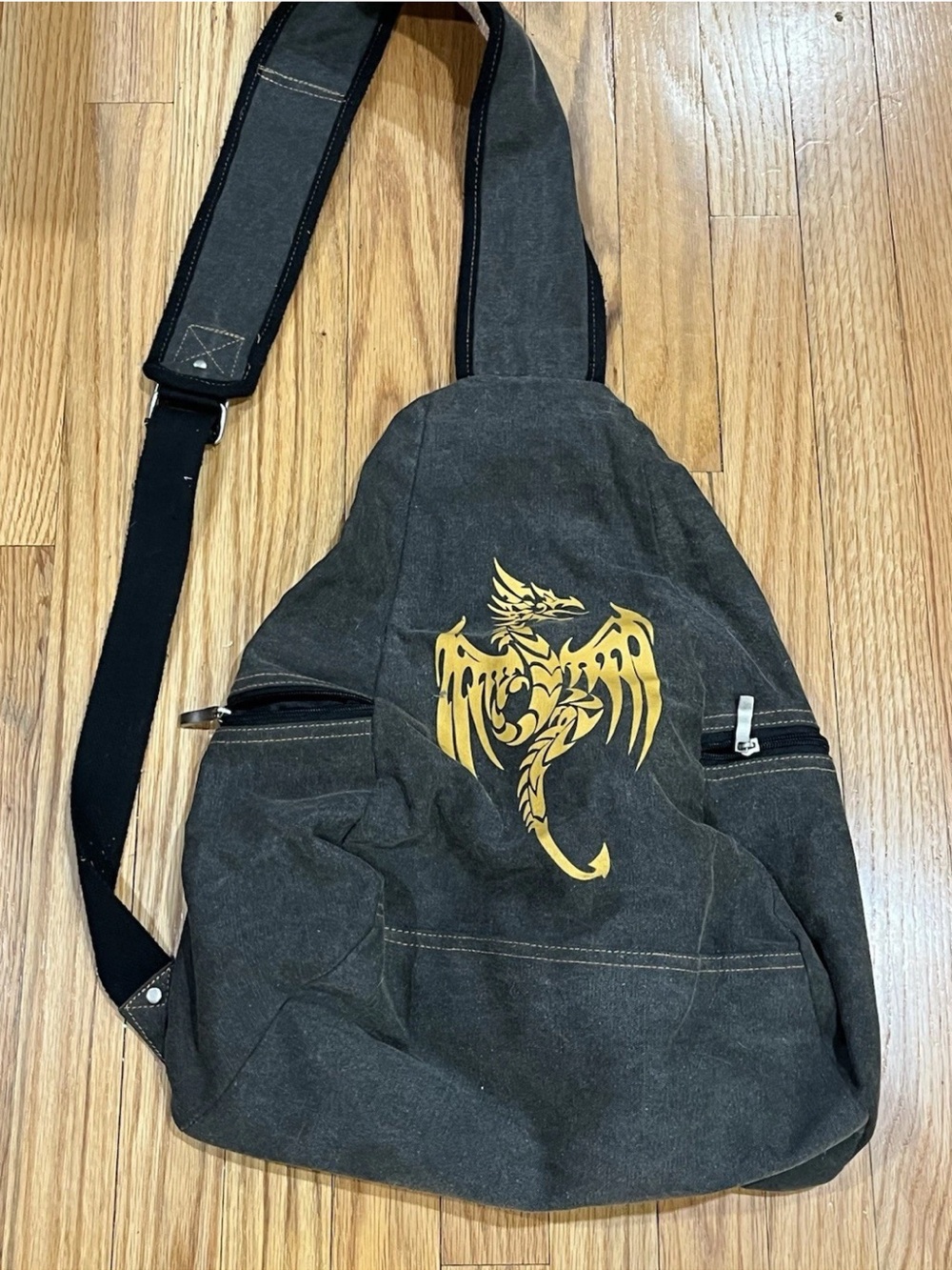 vintage Dragon Myths canvas crossbody sling backpack Y2K /  gothic era
